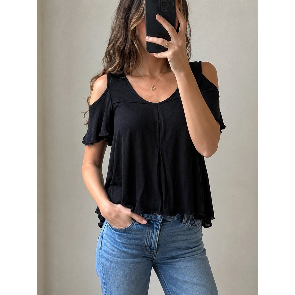 Free People Black Cold Shoulder High Low Top XS Rayon/Linen Boho Scoop Neck